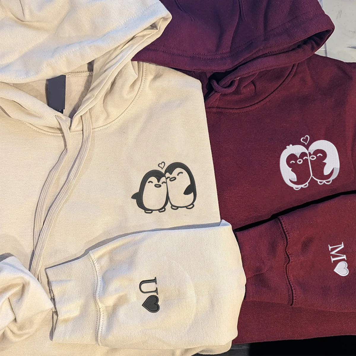 Custom Embroidered Lovely Penguin Matching Hoodies for Couples - Image 3