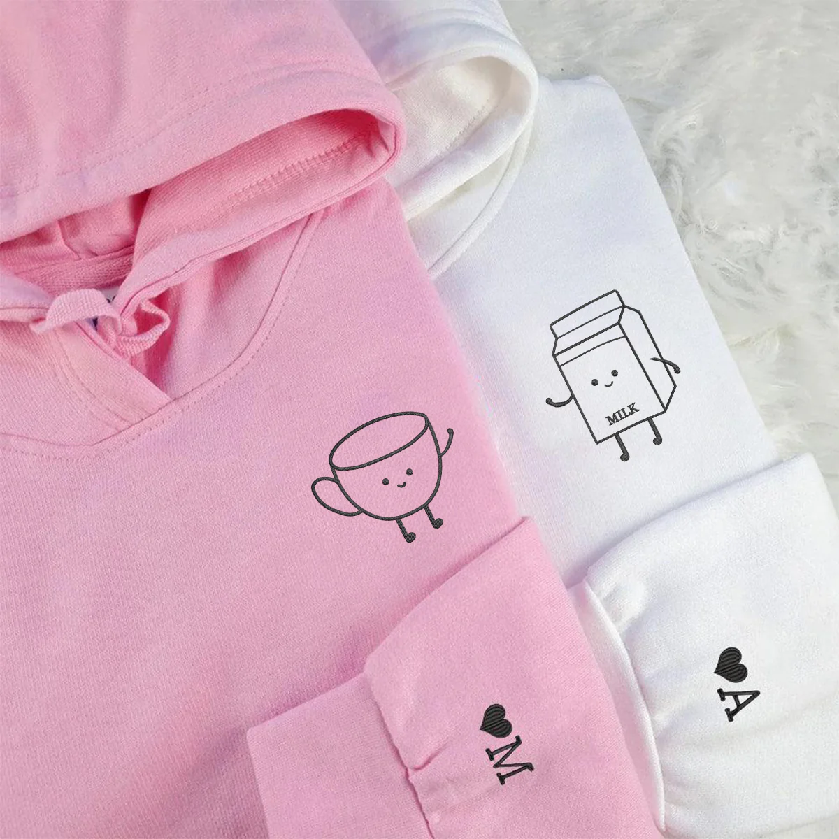 Custom Embroidered Milk Coffee Matching Hoodies for Couples - Image 2