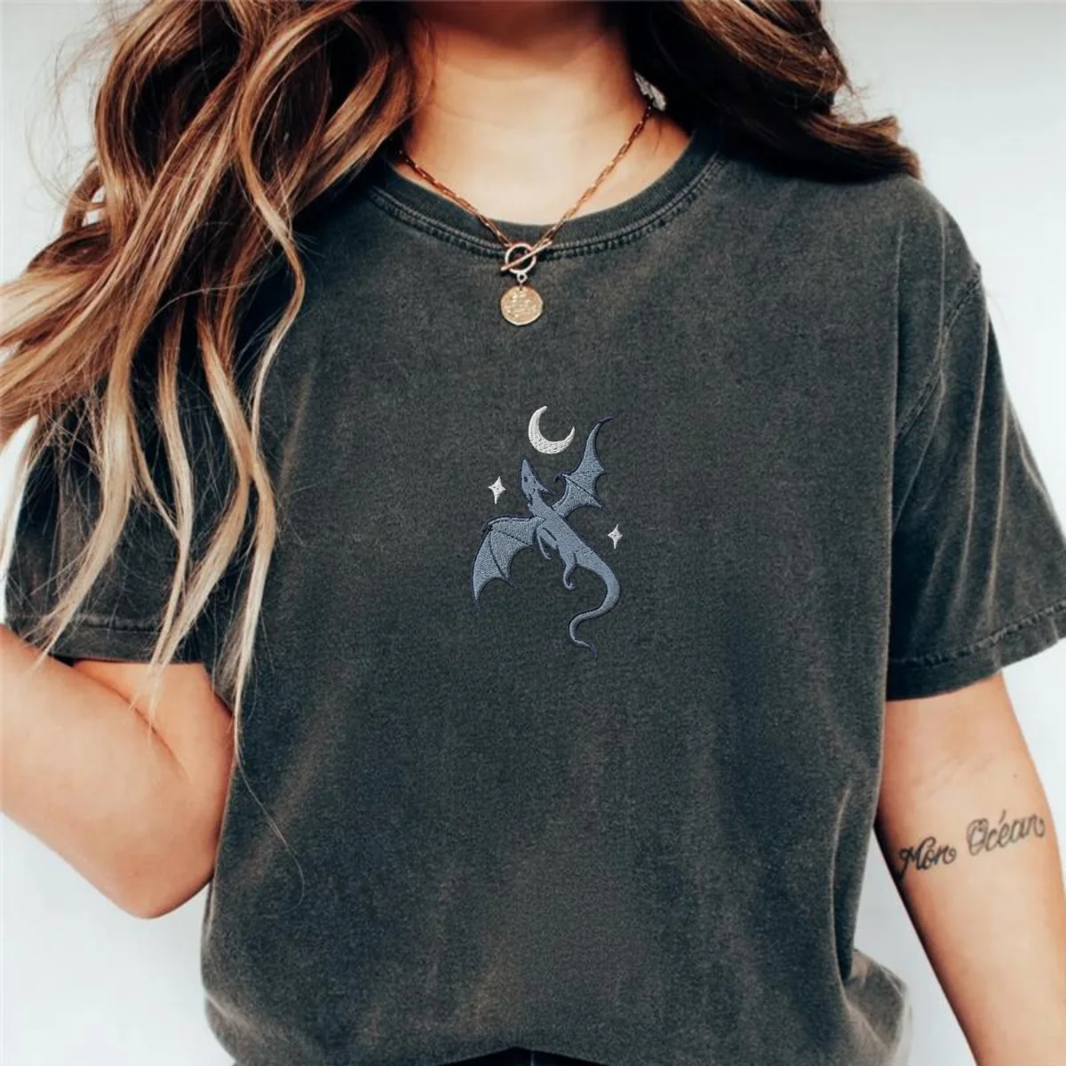 Custom Embroidered Moon and Dragon Fantasy Book T-Shirt – Cozy Bookish Tee - Image 6