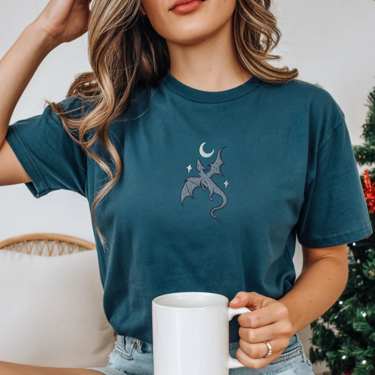 Custom Embroidered Moon and Dragon Fantasy Book T-Shirt – Cozy Bookish Tee - Image 7