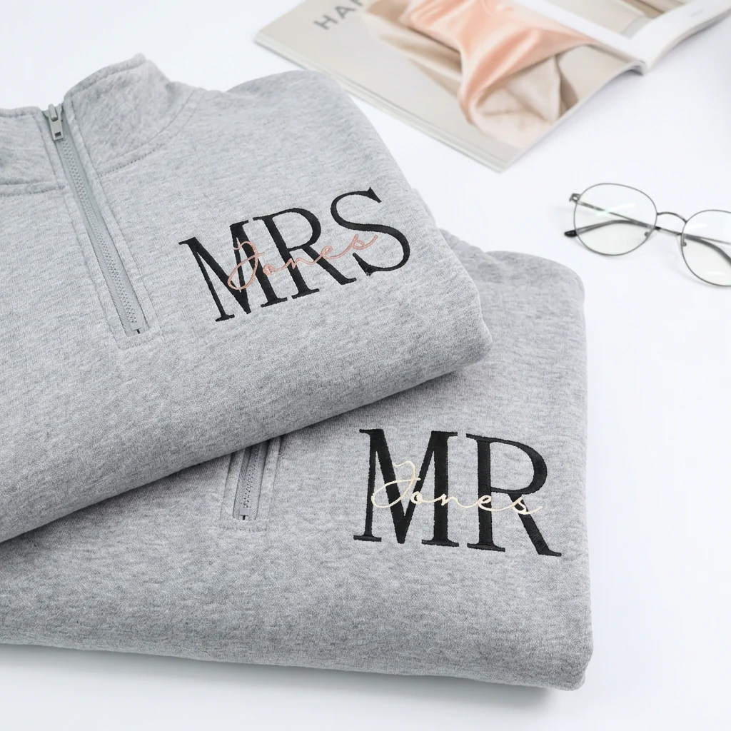 Custom Embroidered Mr & Mrs Matching Quarter Zip Sweatshirts & Full-Zip Hoodie for Couples - Image 2