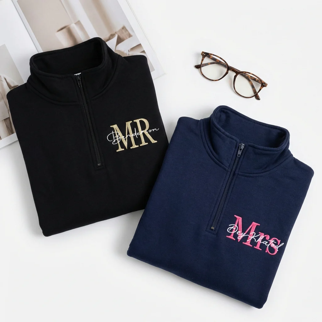 Custom Embroidered Mr & Mrs Matching Quarter Zip Sweatshirts & Full-Zip Hoodie for Couples - Image 5