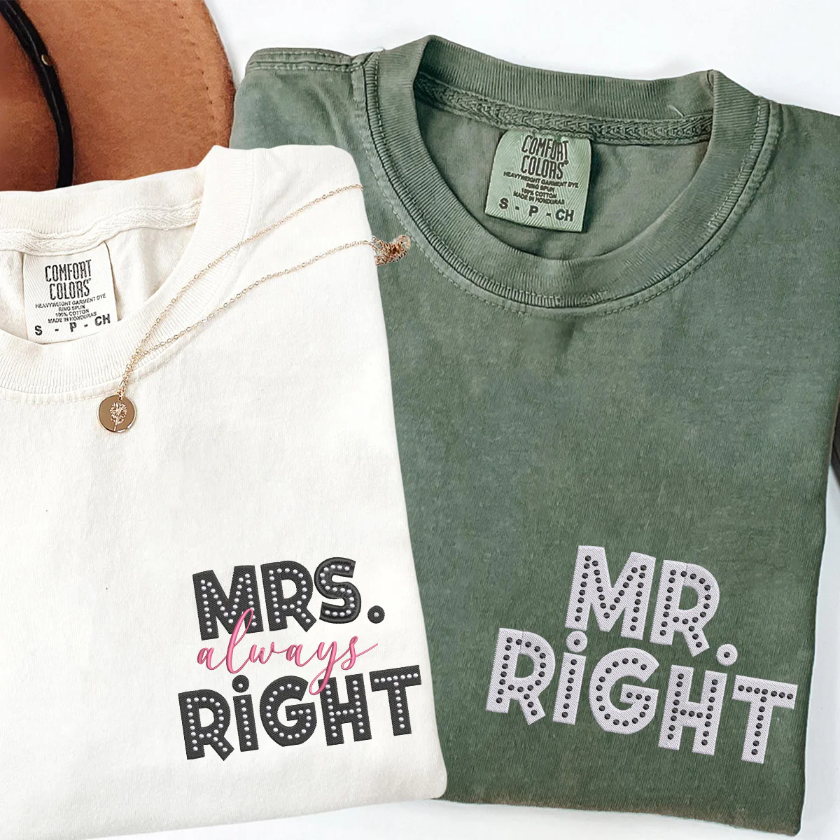 Custom Embroidered Mr Right x Mrs Always Right Matching T-shirts for Couples - Image 3