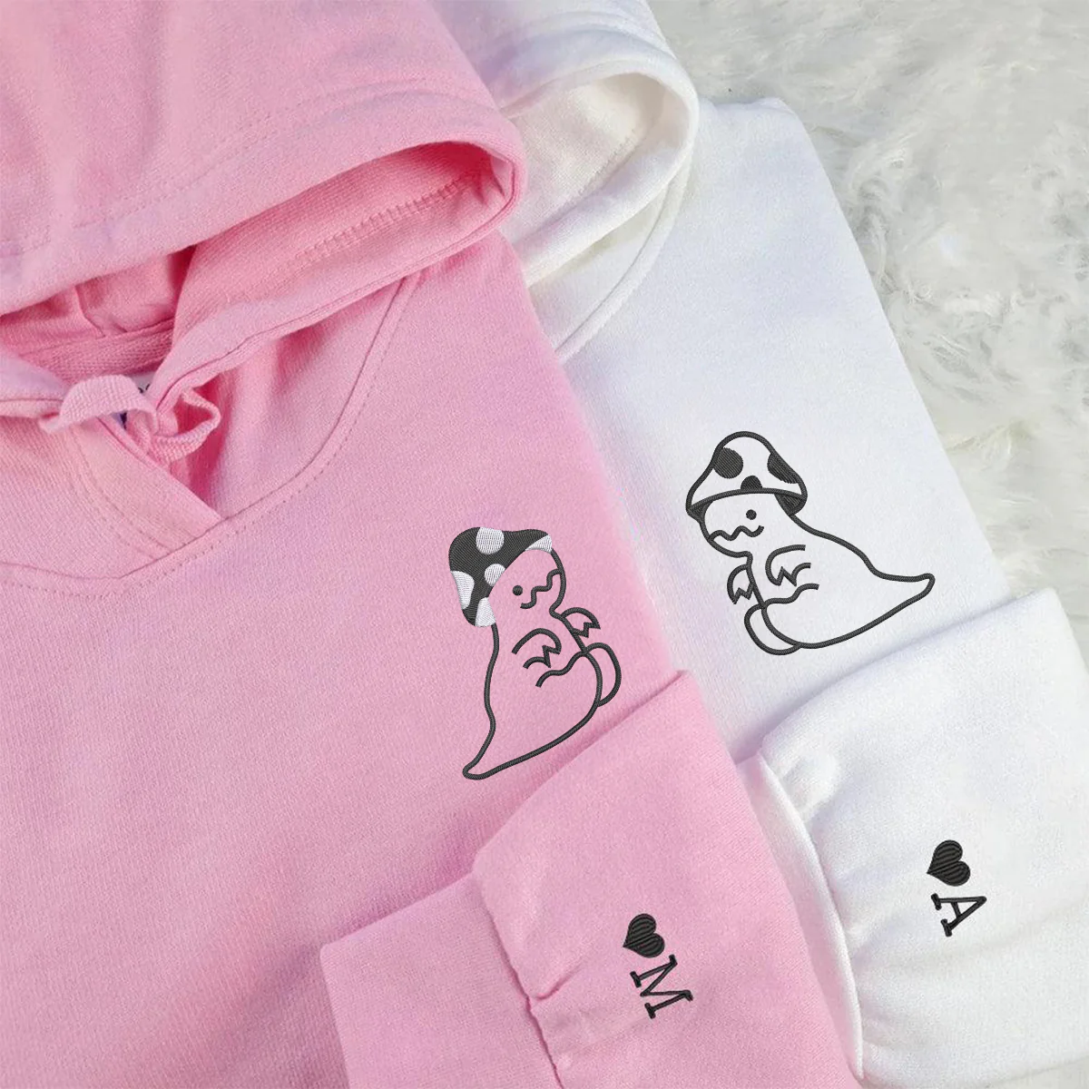 Custom Embroidered Mushroom Dinosaur Matching Hoodies for Couples - Image 3