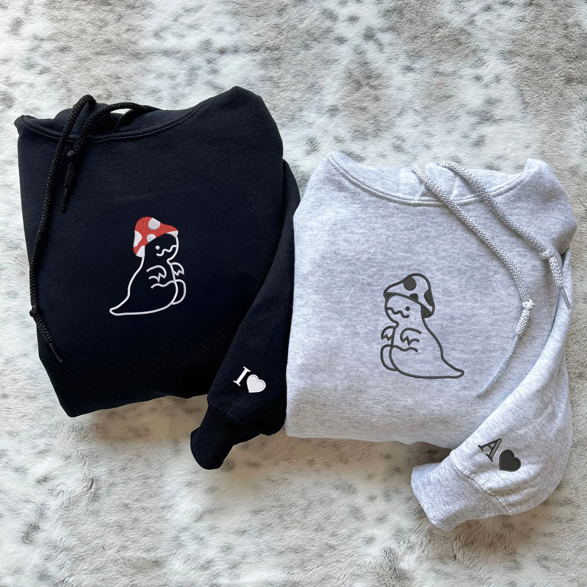 Custom Embroidered Mushroom Dinosaur Matching Hoodies for Couples - Image 6