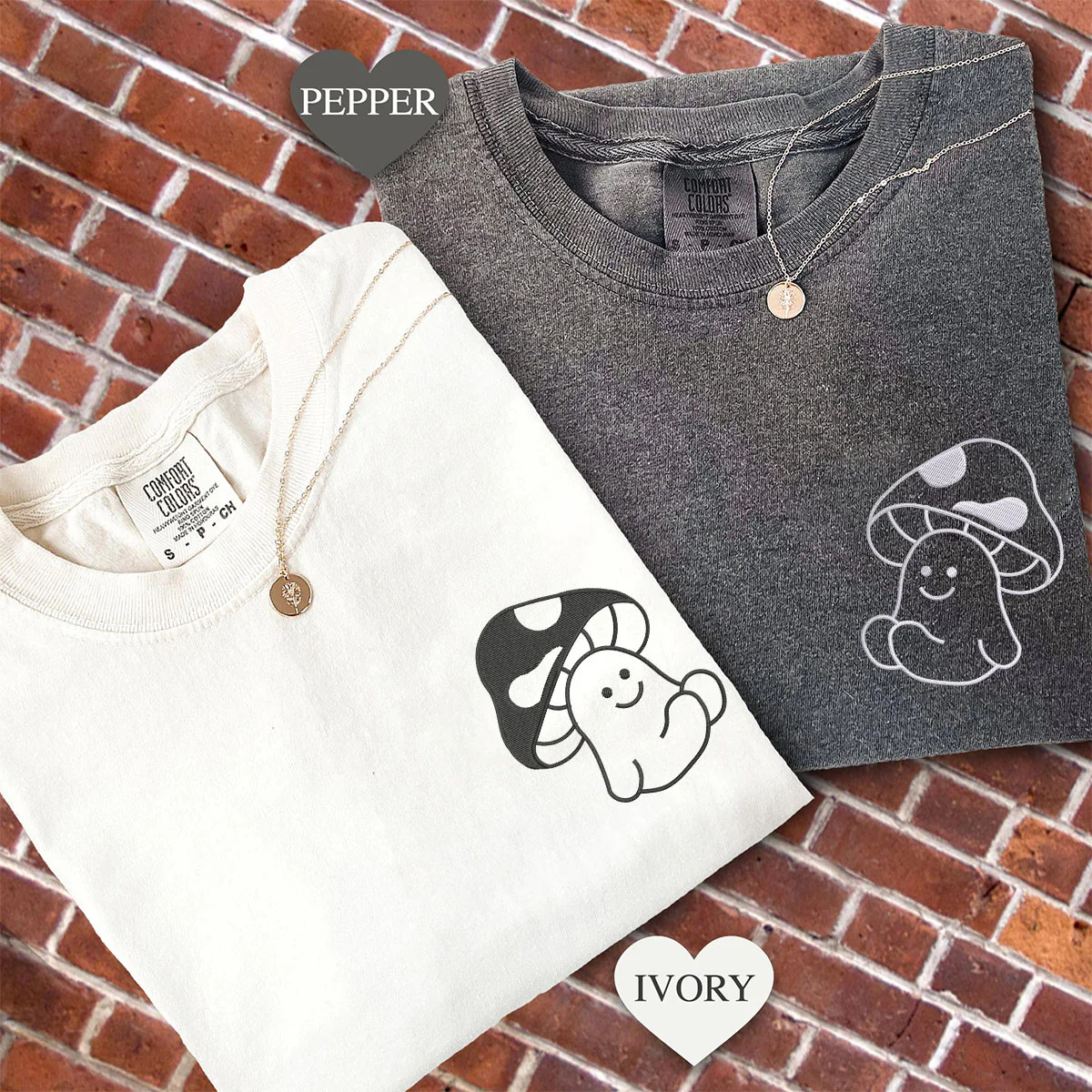Custom Embroidered Mushroom Matching T-shirts for Couples - Image 2