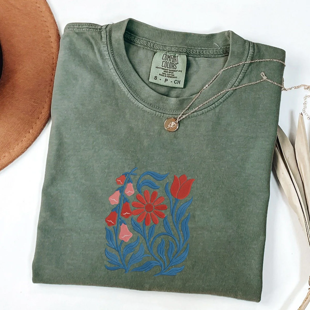 Custom Embroidered No Words T-Shirt | Foxglove Daisy Tulip Floral Embroidery โ Subtle Feminist Tee - Image 5