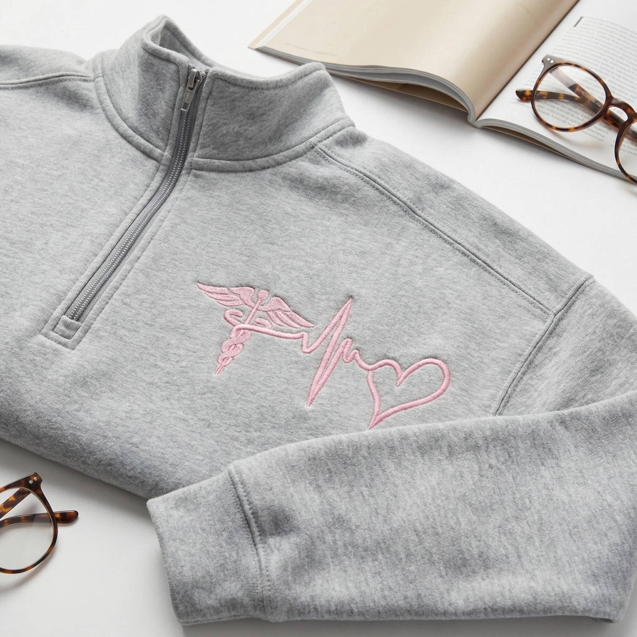 Custom Embroidered Nurse Medical Heartbeat with Caduceus Quarter-Zip - Cute Nurse Gift