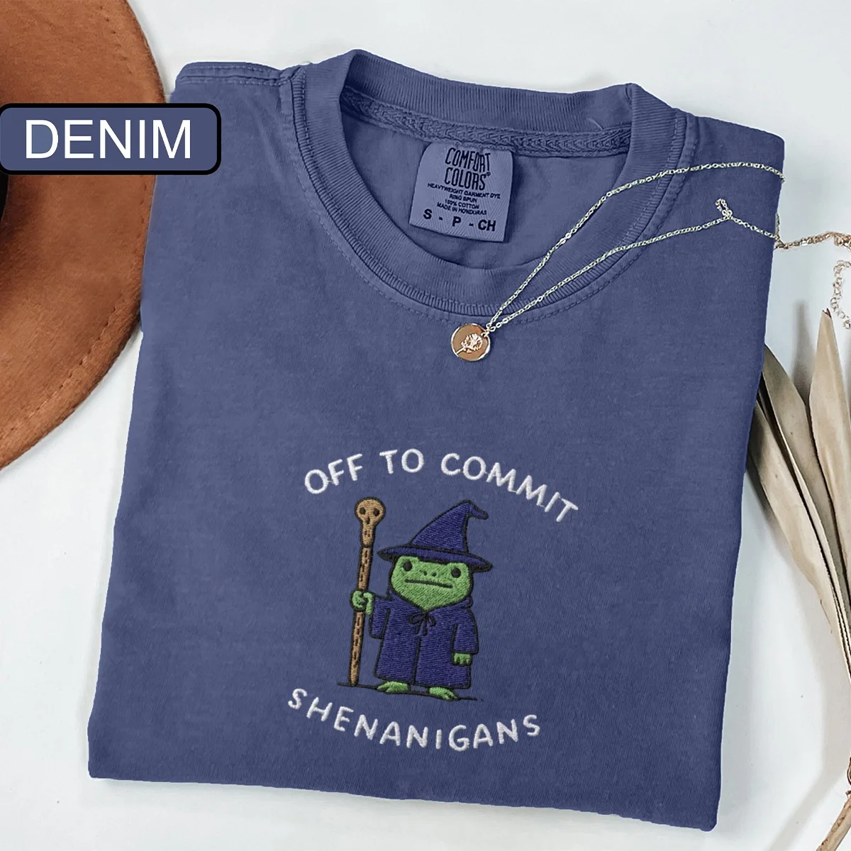 Custom Embroidered Off to Commit Shenanigans Wizard Frog T-Shirt – Funny Fantasy Tee