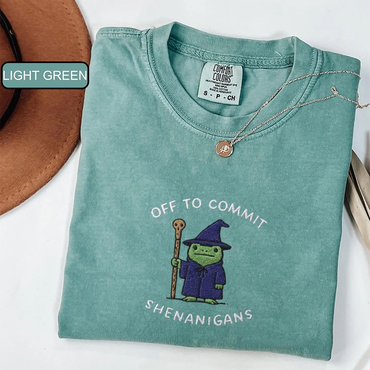 Custom Embroidered Off to Commit Shenanigans Wizard Frog T-Shirt – Funny Fantasy Tee - Image 3