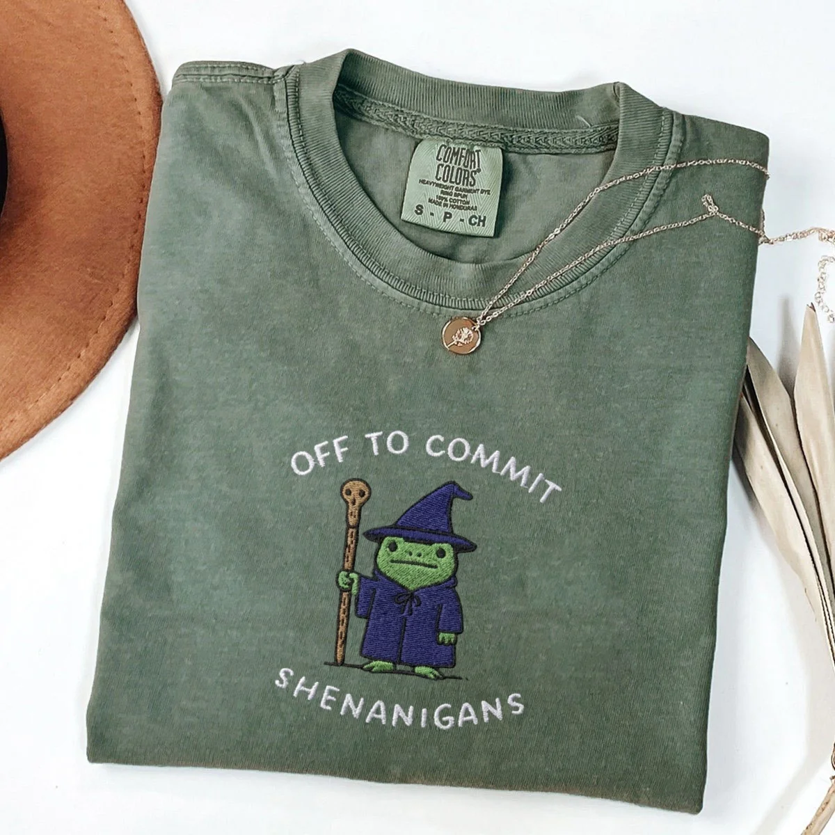 Custom Embroidered Off to Commit Shenanigans Wizard Frog T-Shirt – Funny Fantasy Tee - Image 5