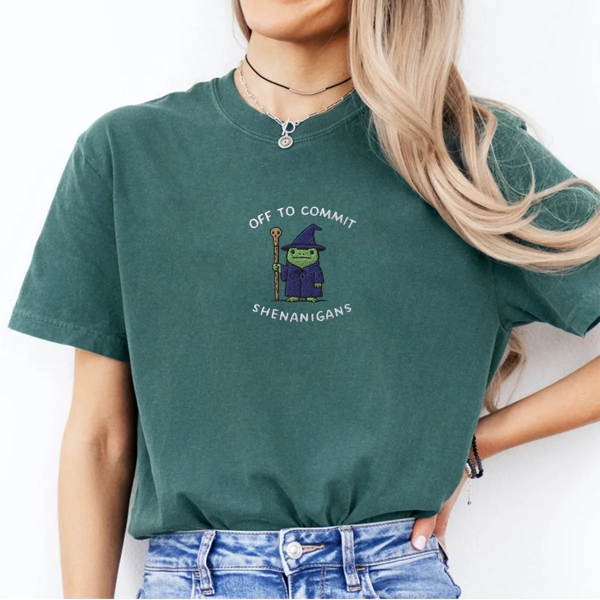 Custom Embroidered Off to Commit Shenanigans Wizard Frog T-Shirt – Funny Fantasy Tee - Image 8