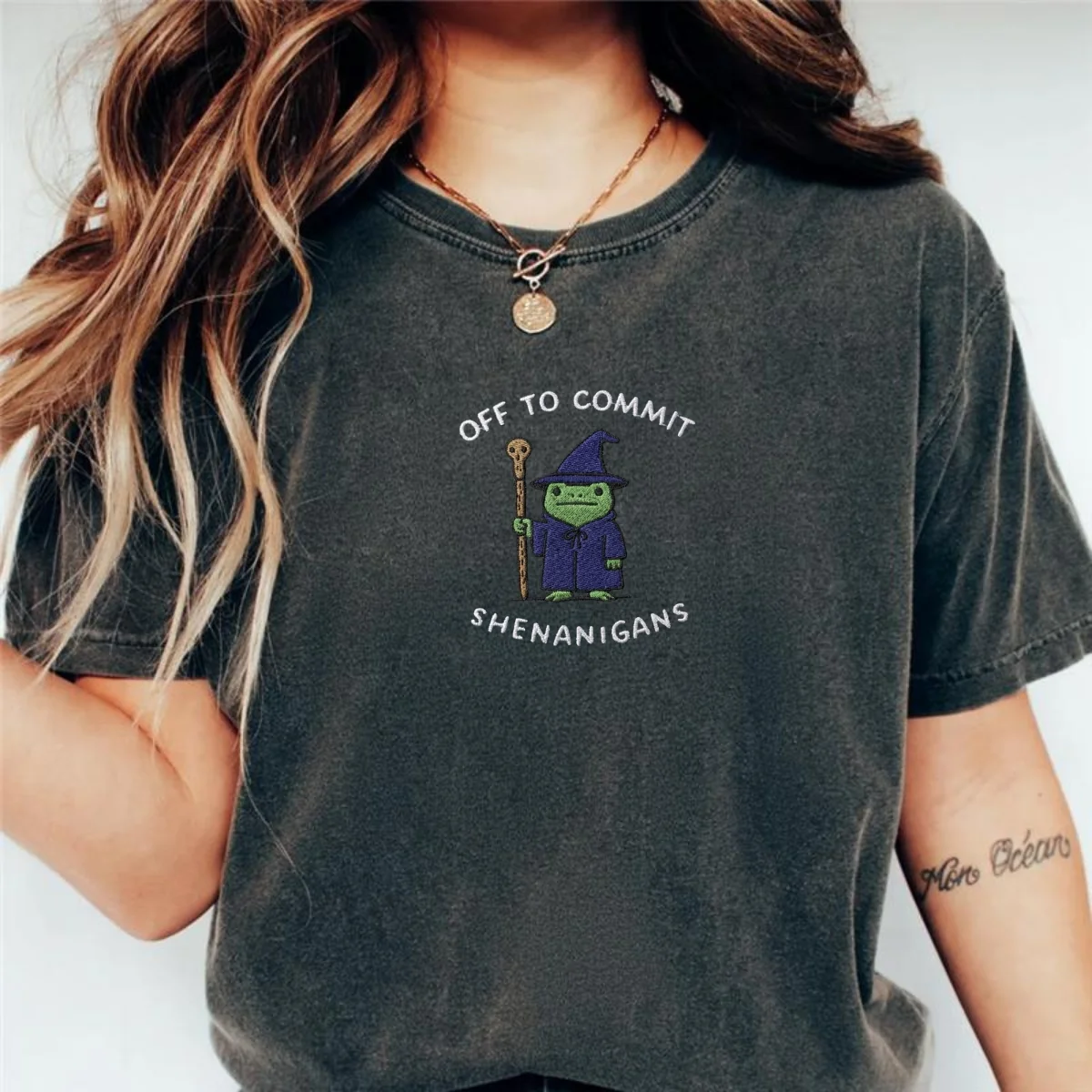 Custom Embroidered Off to Commit Shenanigans Wizard Frog T-Shirt – Funny Fantasy Tee - Image 9