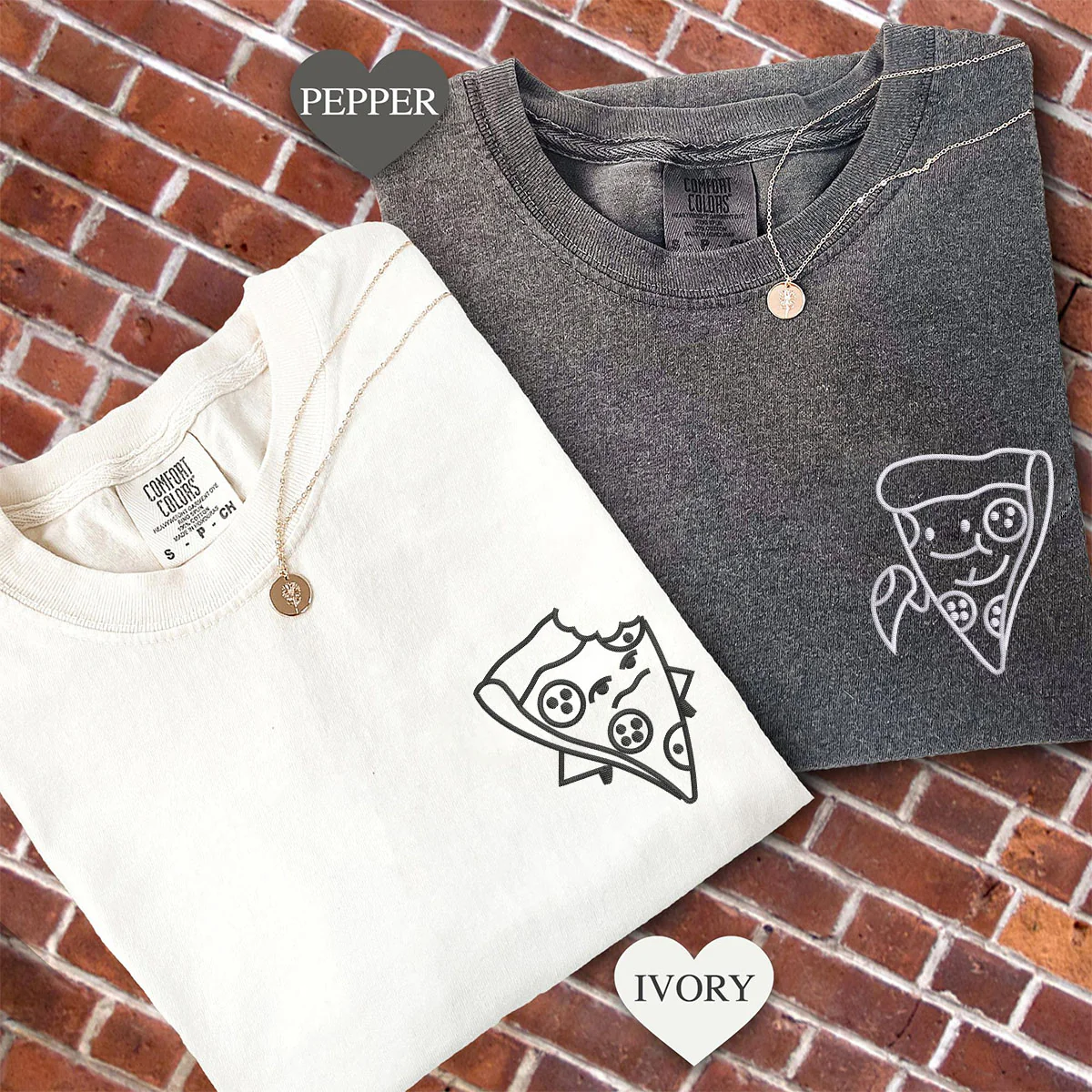 Custom Embroidered One Bite Pizza Matching T-shirts for Couples - Image 2