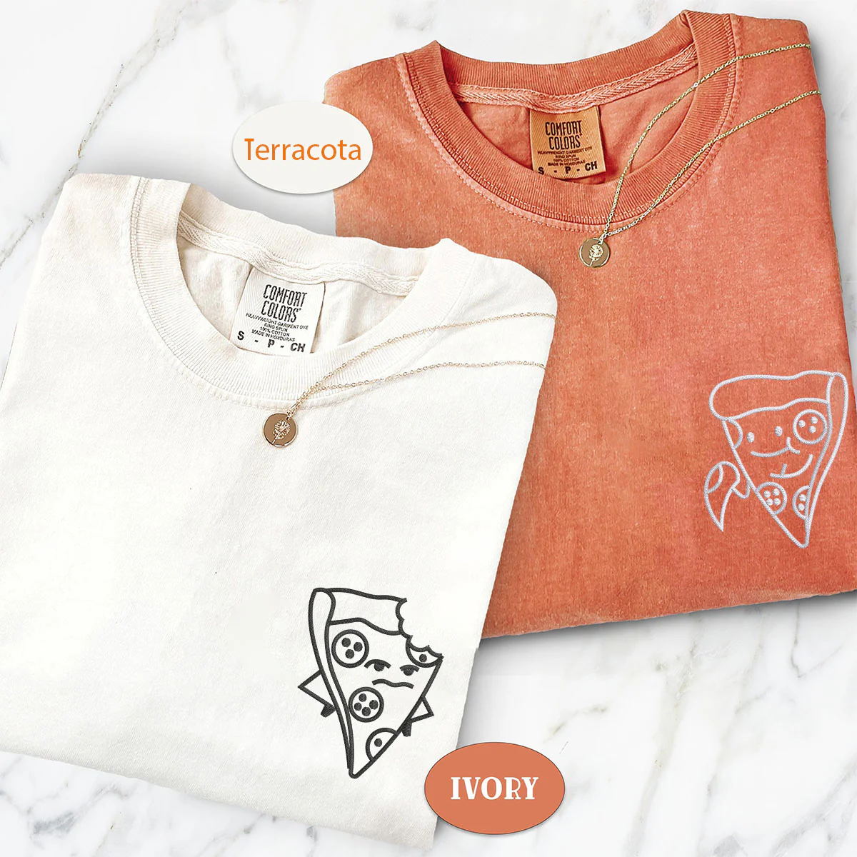 Custom Embroidered One Bite Pizza Matching T-shirts for Couples - Image 3