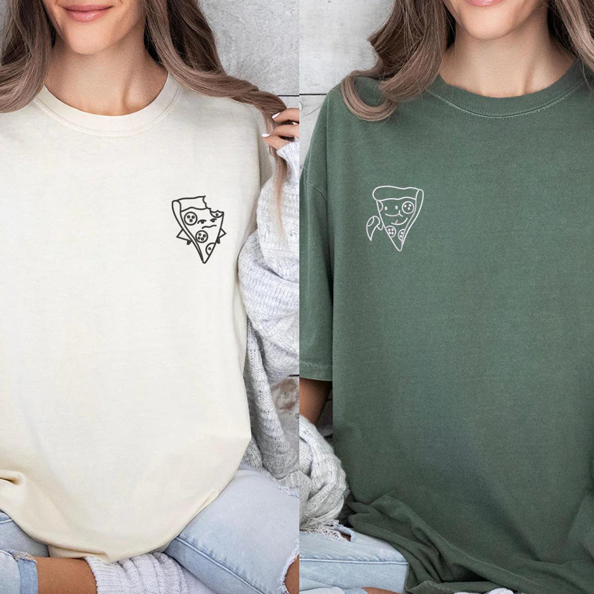 Custom Embroidered One Bite Pizza Matching T-shirts for Couples - Image 6