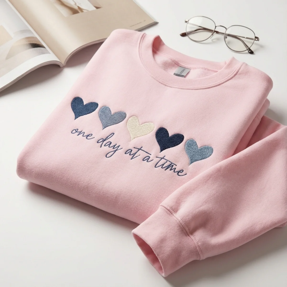 Custom Embroidered One Day At A Time Sweatshirt - Cute Hearts Hoodie, Valentine's Day Gift for Her - Image 4