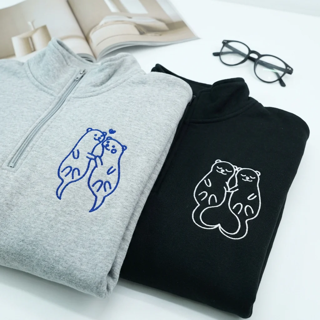 Custom Embroidered Otter Matching Quarter Zip Sweatshirts & Full-Zip Hoodie for Couples
