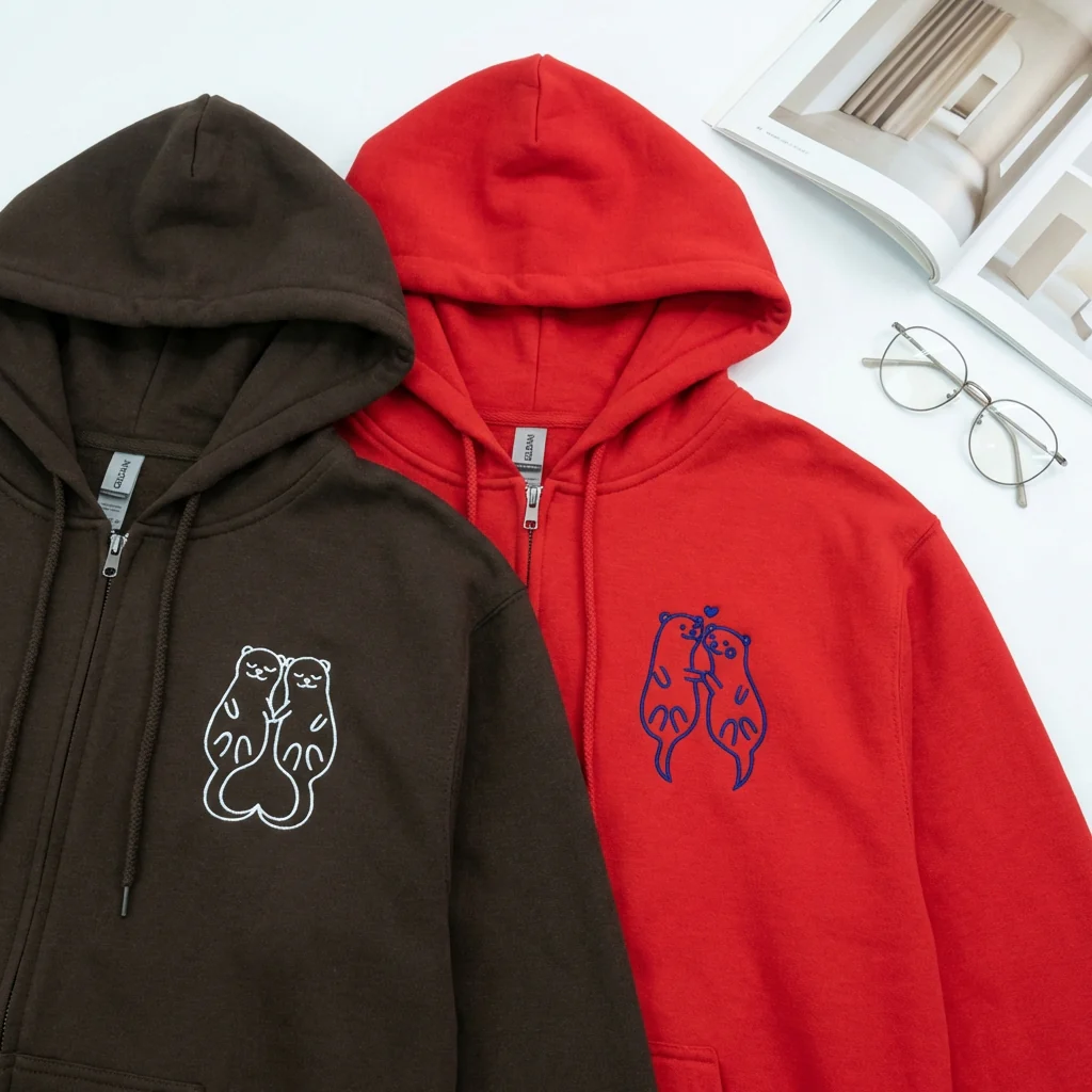 Custom Embroidered Otter Matching Quarter Zip Sweatshirts & Full-Zip Hoodie for Couples - Image 2