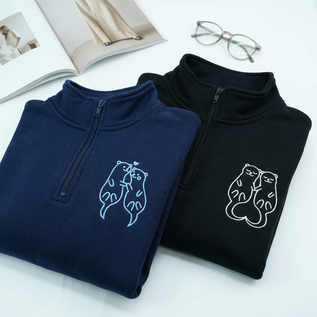Custom Embroidered Otter Matching Quarter Zip Sweatshirts & Full-Zip Hoodie for Couples - Image 3