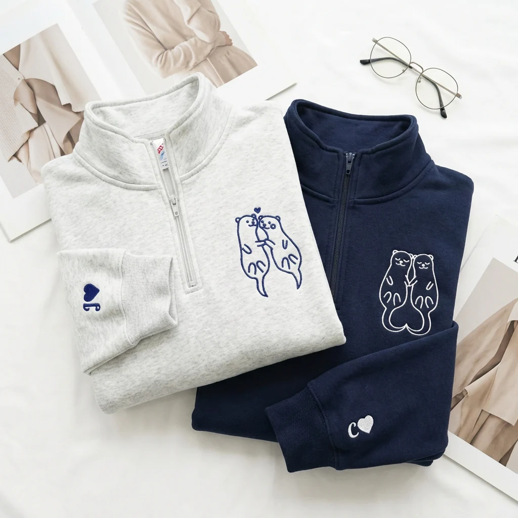 Custom Embroidered Otter Matching Quarter Zip Sweatshirts & Full-Zip Hoodie for Couples - Image 4