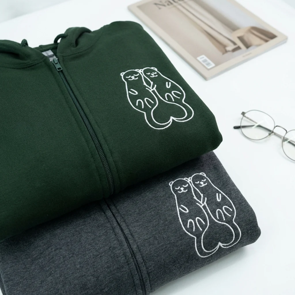 Custom Embroidered Otter Matching Quarter Zip Sweatshirts & Full-Zip Hoodie for Couples - Image 5