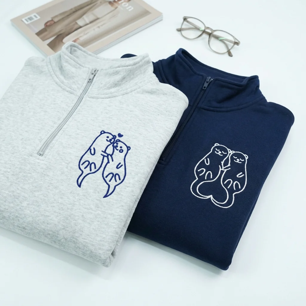 Custom Embroidered Otter Matching Quarter Zip Sweatshirts & Full-Zip Hoodie for Couples - Image 6