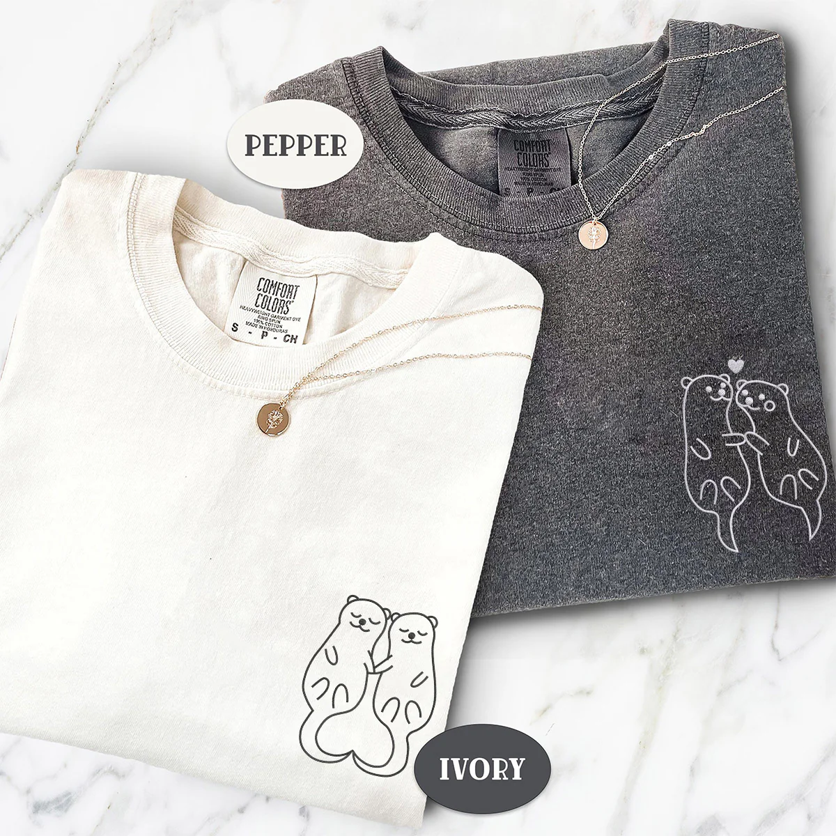 Custom Embroidered Otter Matching T-shirts for Couples - Image 2