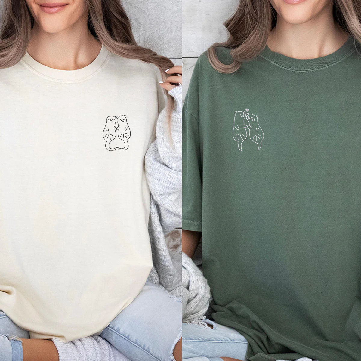 Custom Embroidered Otter Matching T-shirts for Couples - Image 6