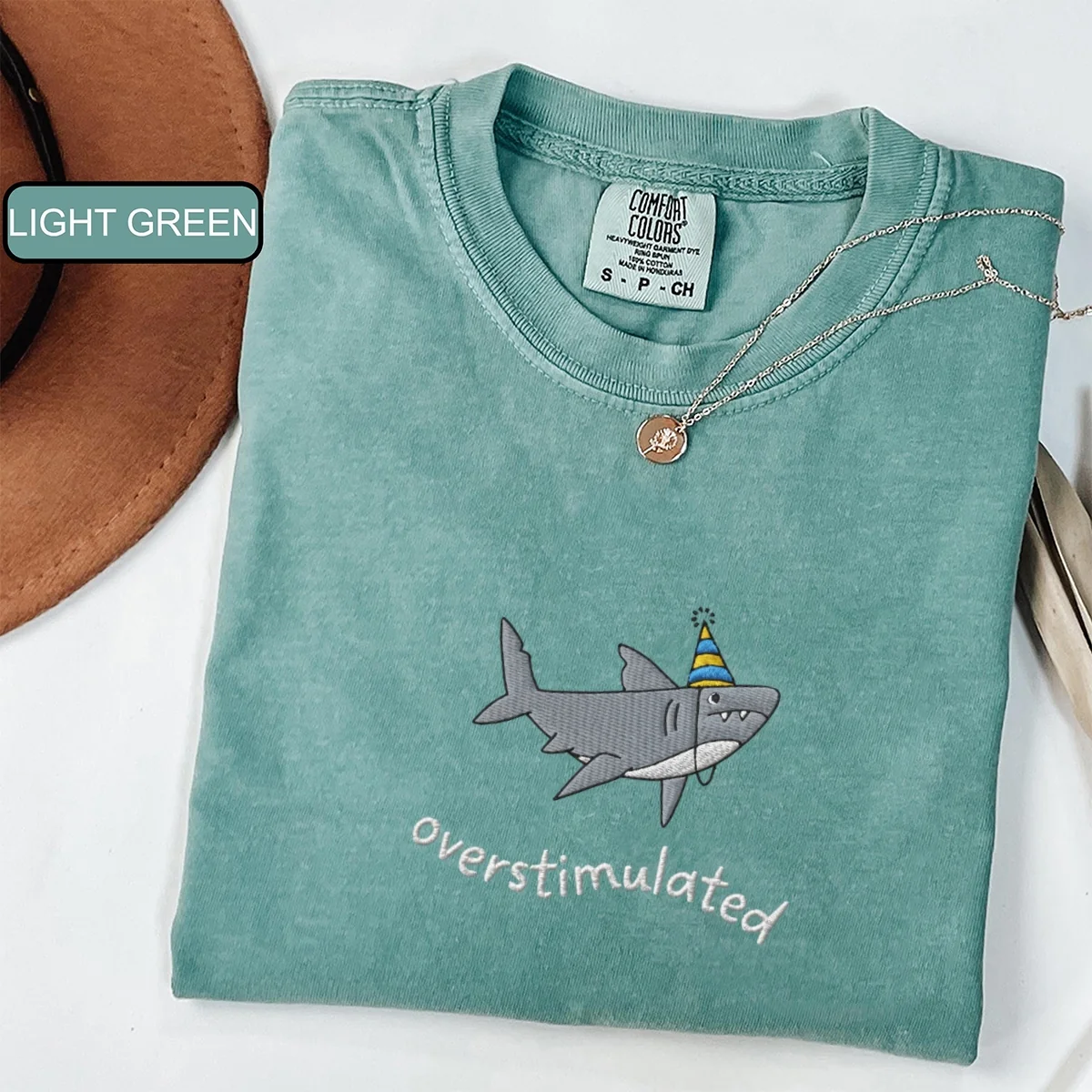 Custom Embroidered Overstimulated Party Hat Shark T-Shirt – Funny Weirdcore Summer Tee