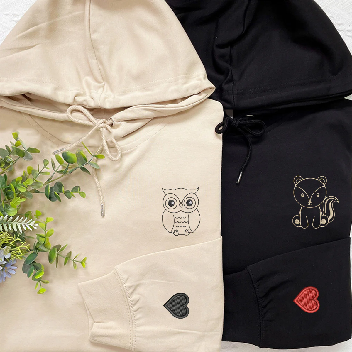 Custom Embroidered Owl and Squirrel Matching Hoodies for Couples - Image 4