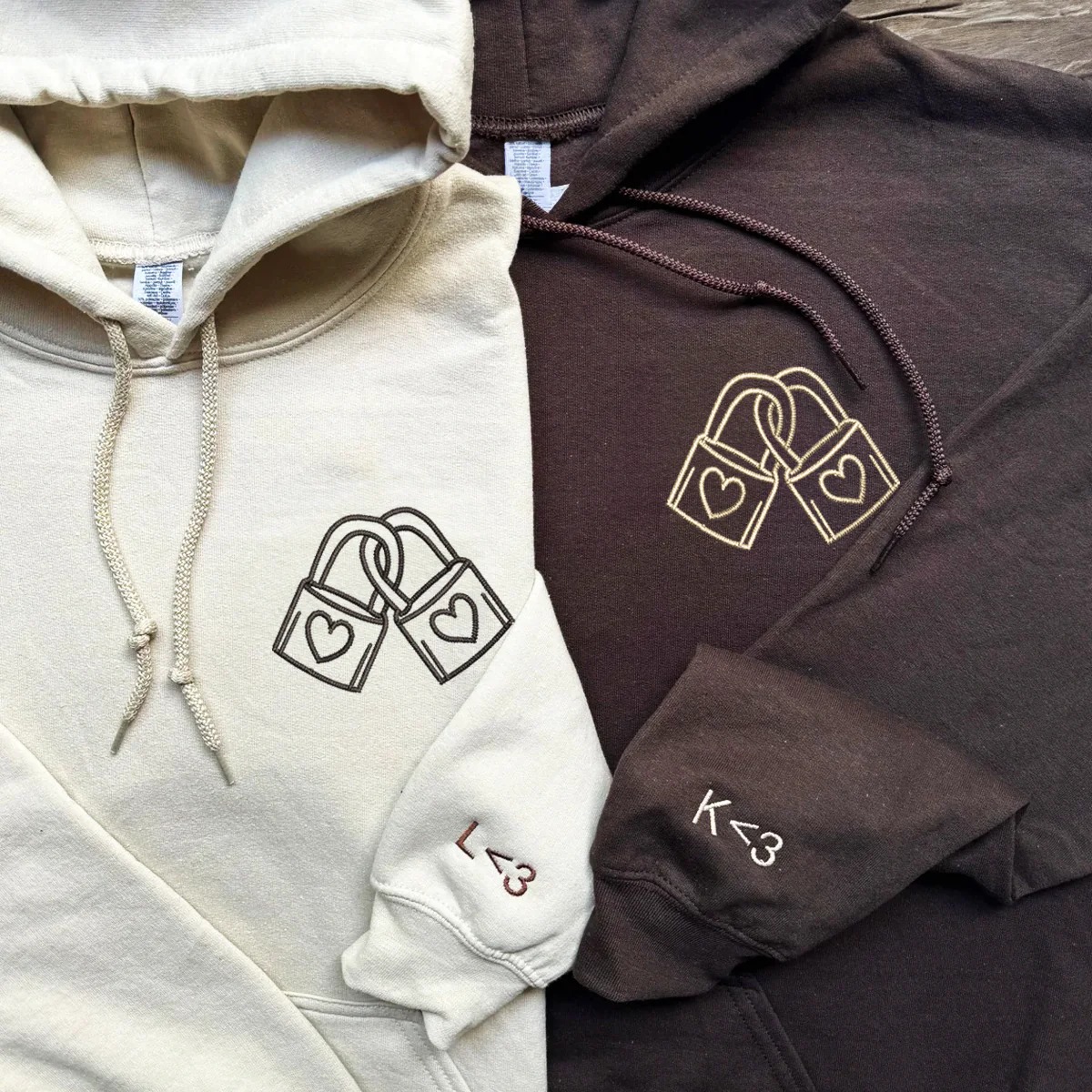 Custom Embroidered Padlock with Heart Matching Hoodies for Couples - Image 3