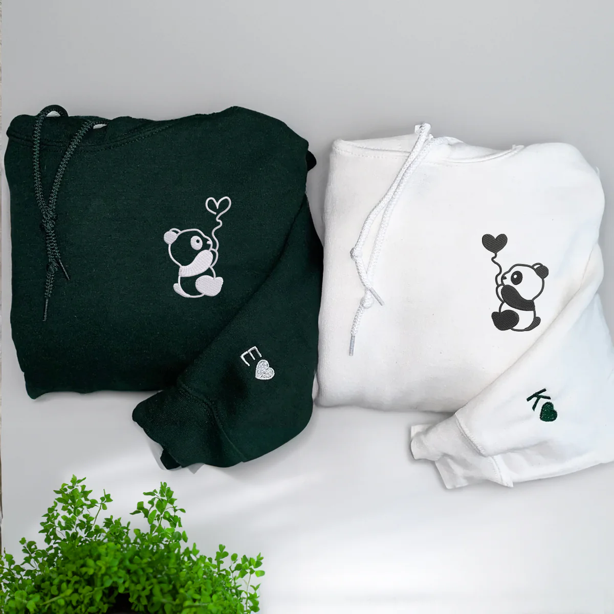 Custom Embroidered Panda with Balloons Matching Hoodies for Couples
