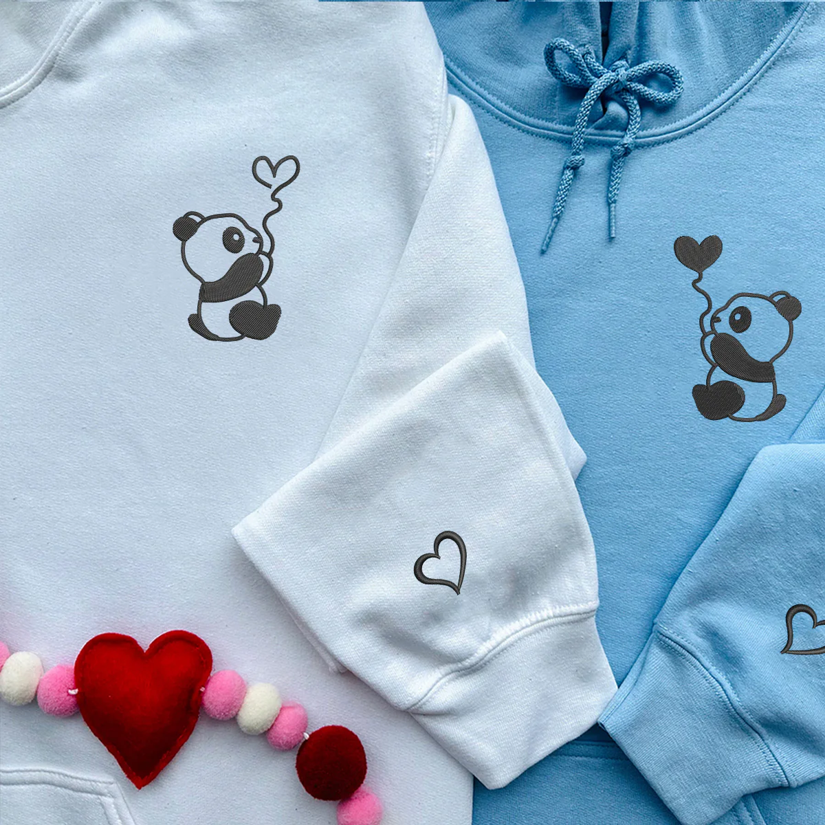 Custom Embroidered Panda with Balloons Matching Hoodies for Couples - Image 6