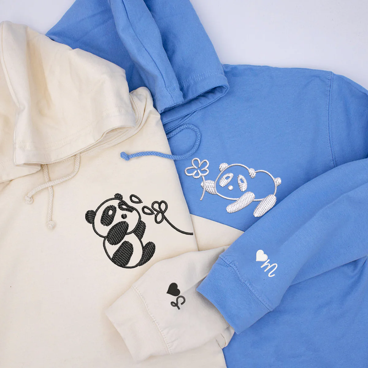 Custom Embroidered Panda with Flowers Matching Hoodies for Couples - Image 3
