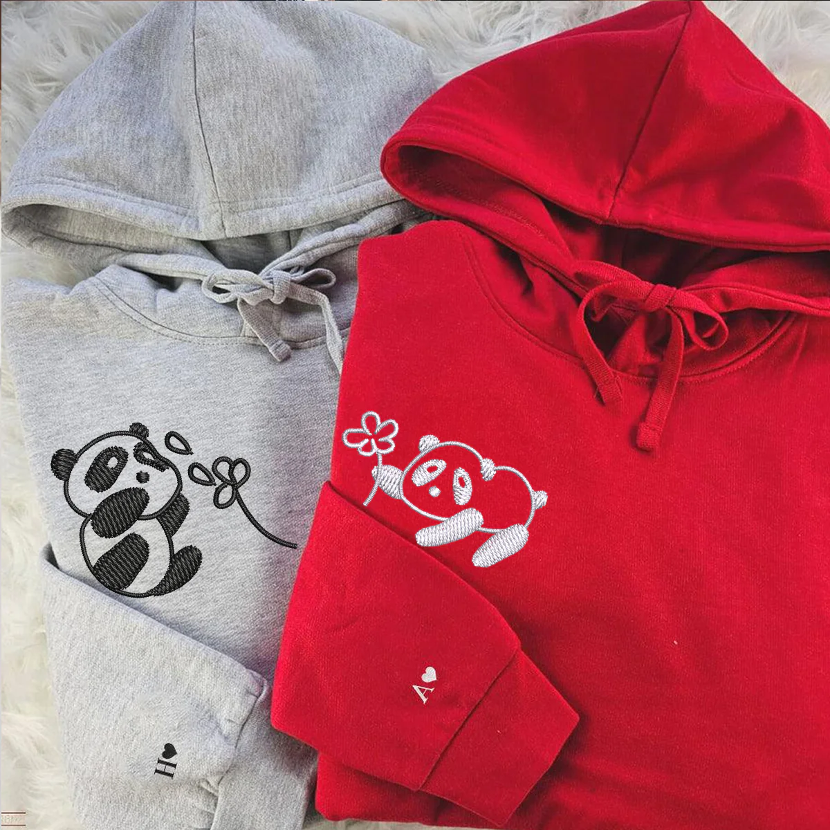 Custom Embroidered Panda with Flowers Matching Hoodies for Couples - Image 4