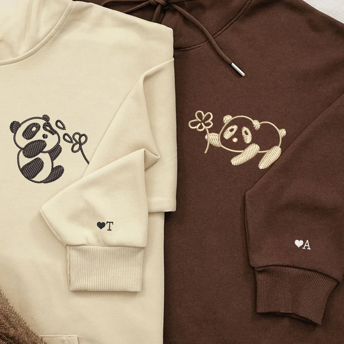 Custom Embroidered Panda with Flowers Matching Hoodies for Couples - Image 5