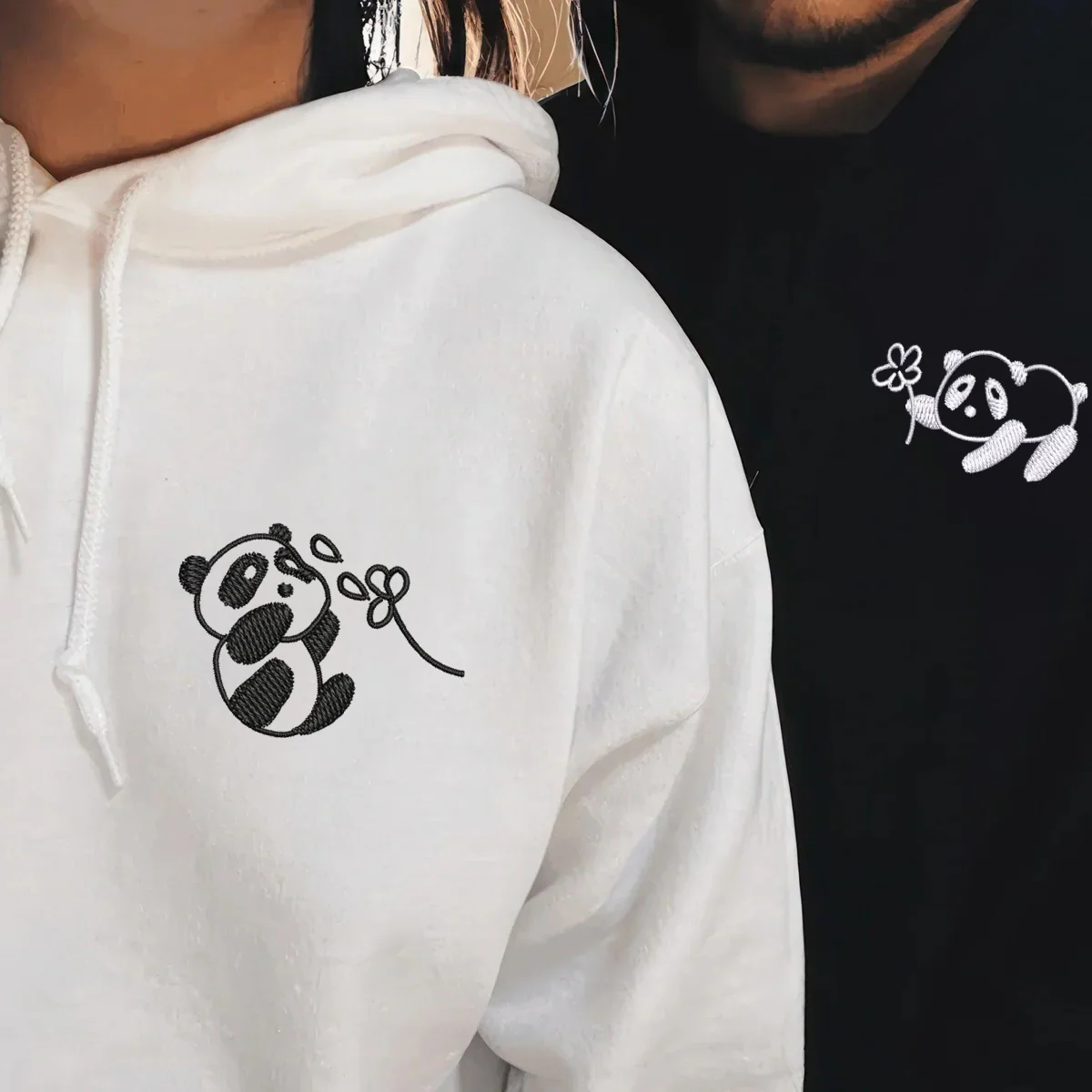 Custom Embroidered Panda with Flowers Matching Hoodies for Couples - Image 7