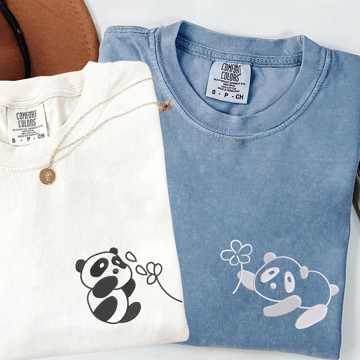 Custom Embroidered Panda with Flowers Matching T-shirts for Couples - Image 3