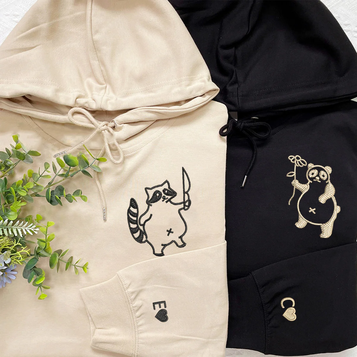 Custom Embroidered Panda with Raccoon Matching Hoodies for Couples - Image 2