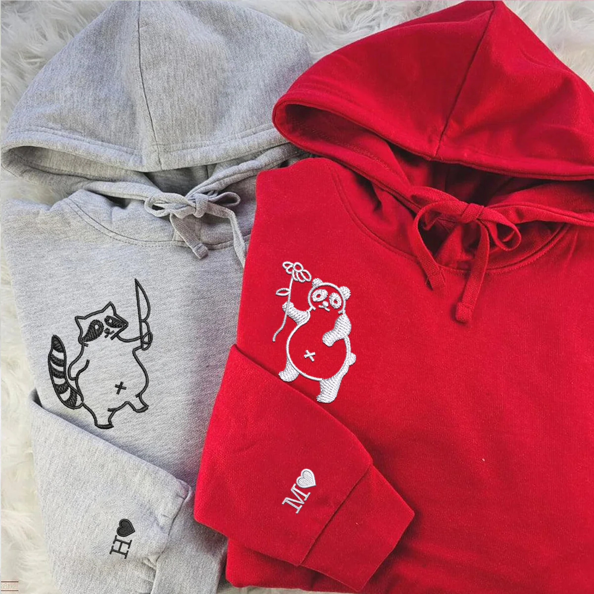 Custom Embroidered Panda with Raccoon Matching Hoodies for Couples - Image 3