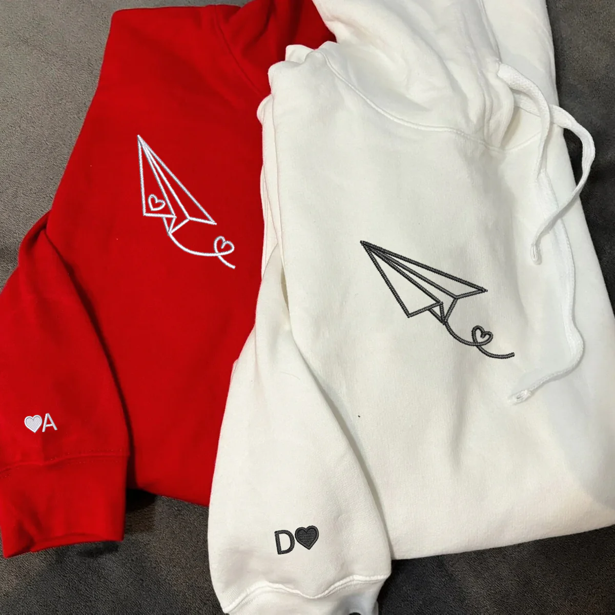 Custom Embroidered Paper Airplane Heart Matching Hoodies for Couples - Image 6