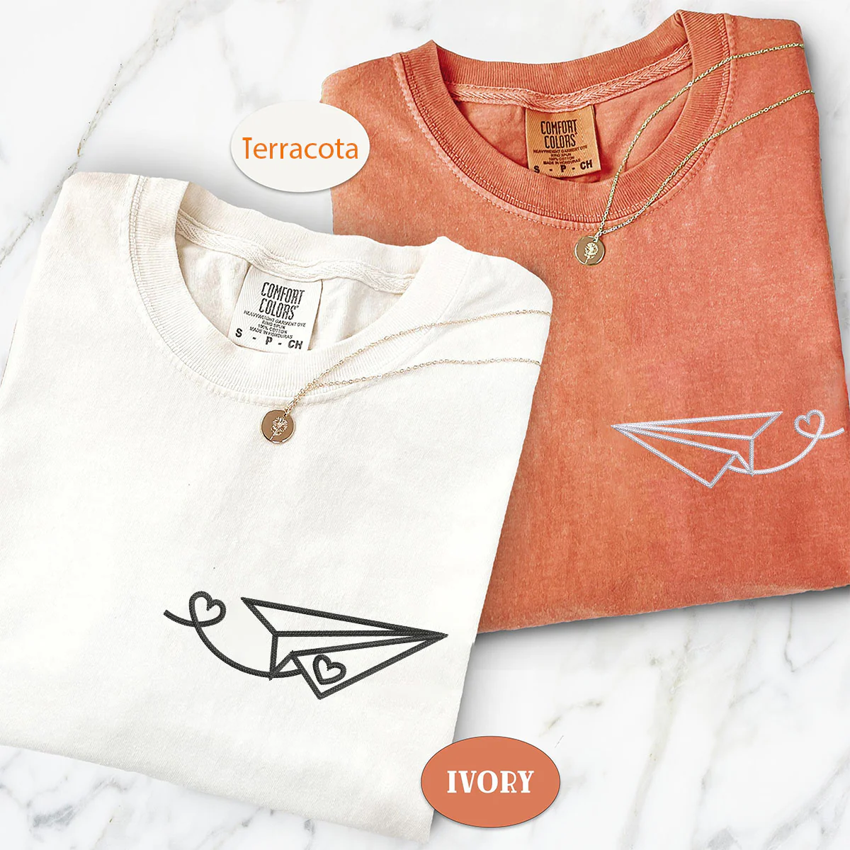 Custom Embroidered Paper Airplane Heart Matching T-shirts for Couples - Image 2