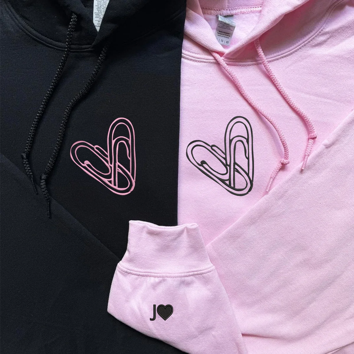 Custom Embroidered Paperclip Heart Matching Hoodies for Couples - Image 3