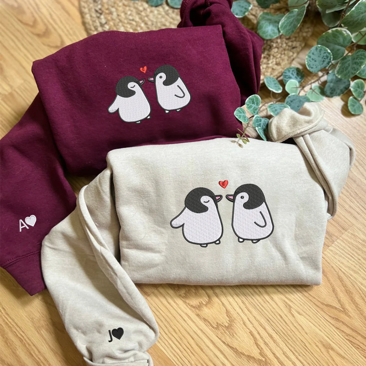 Custom Embroidered Penguin Love Matching Hoodies for Couples - Image 2