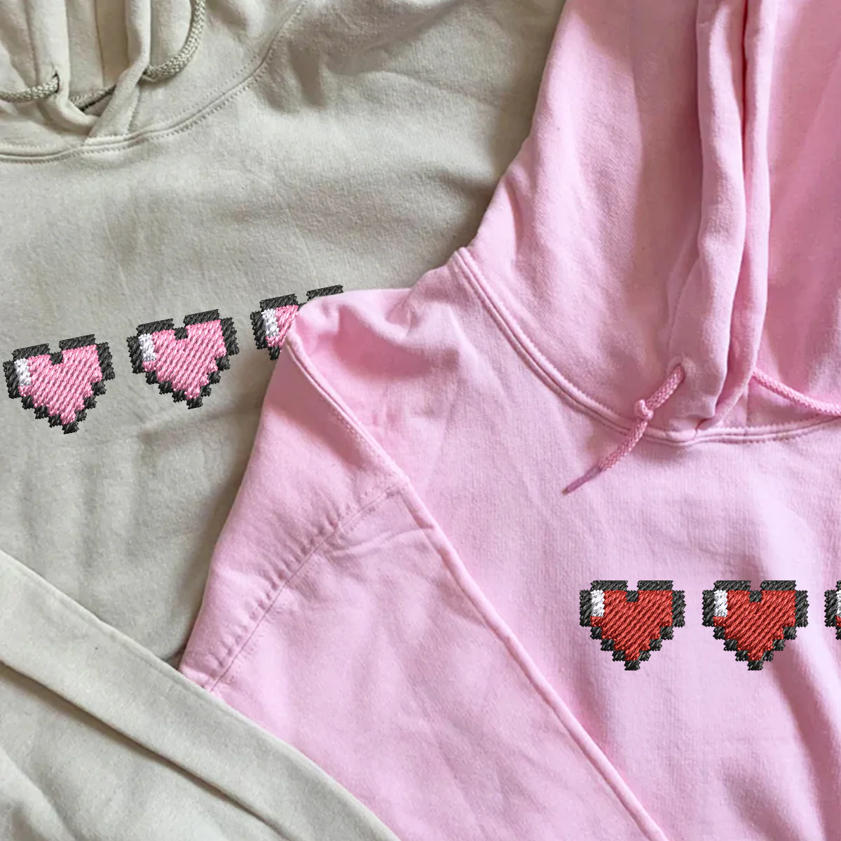 Custom Embroidered Pixel Heart Matching Hoodies for Couples - Image 2