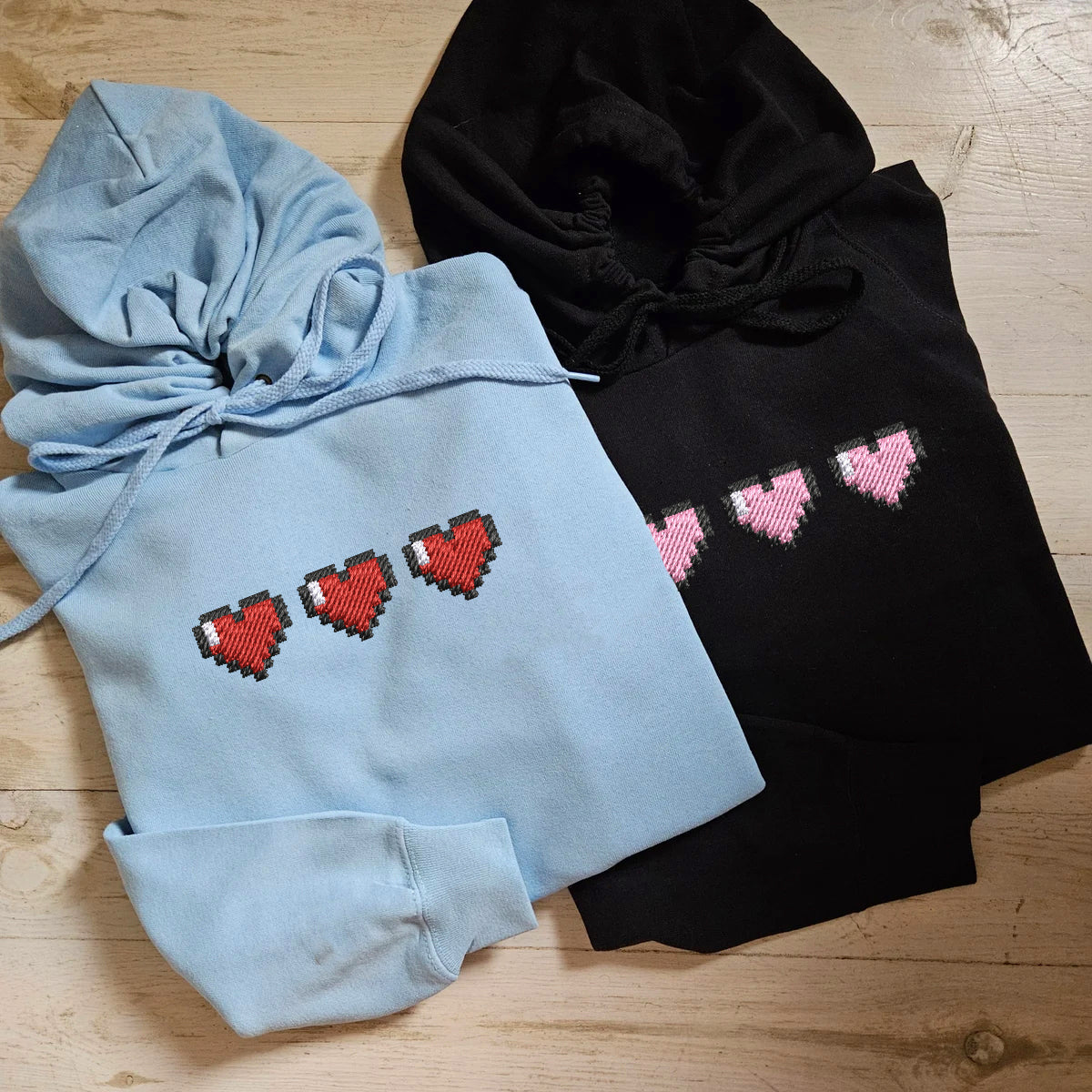 Custom Embroidered Pixel Heart Matching Hoodies for Couples - Image 3