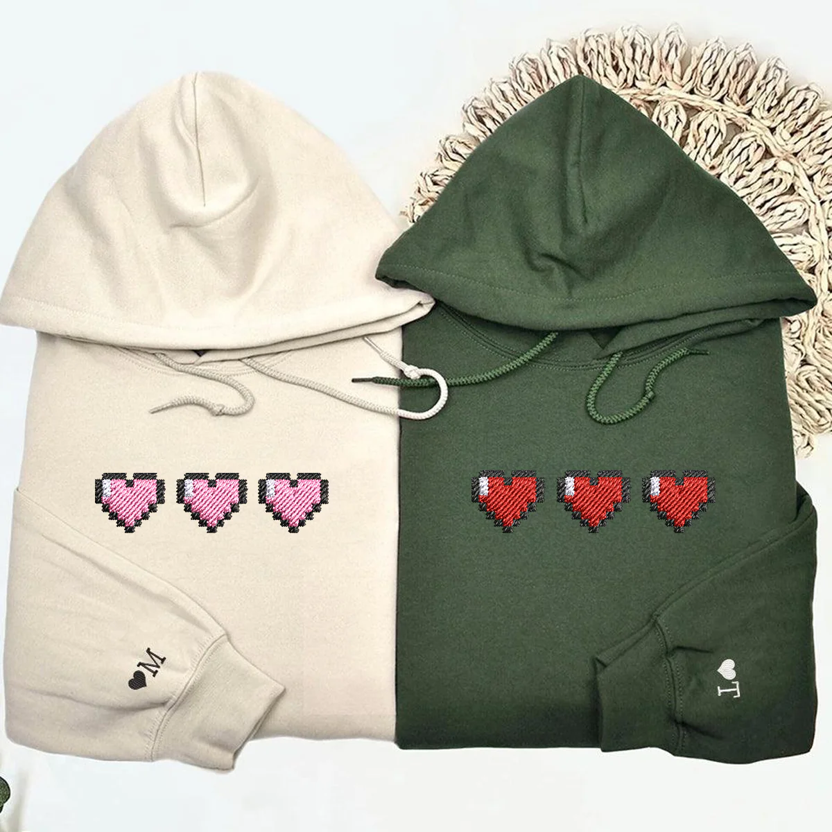 Custom Embroidered Pixel Heart Matching Hoodies for Couples - Image 4