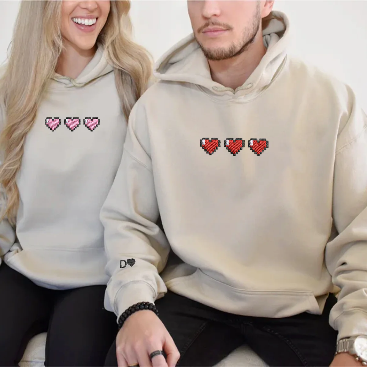 Custom Embroidered Pixel Heart Matching Hoodies for Couples - Image 6