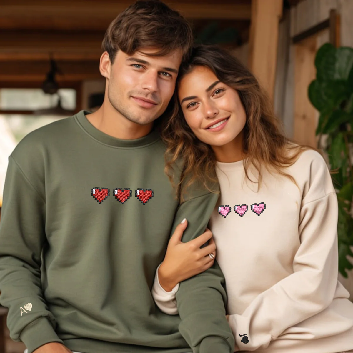 Custom Embroidered Pixel Heart Matching Hoodies for Couples - Image 7